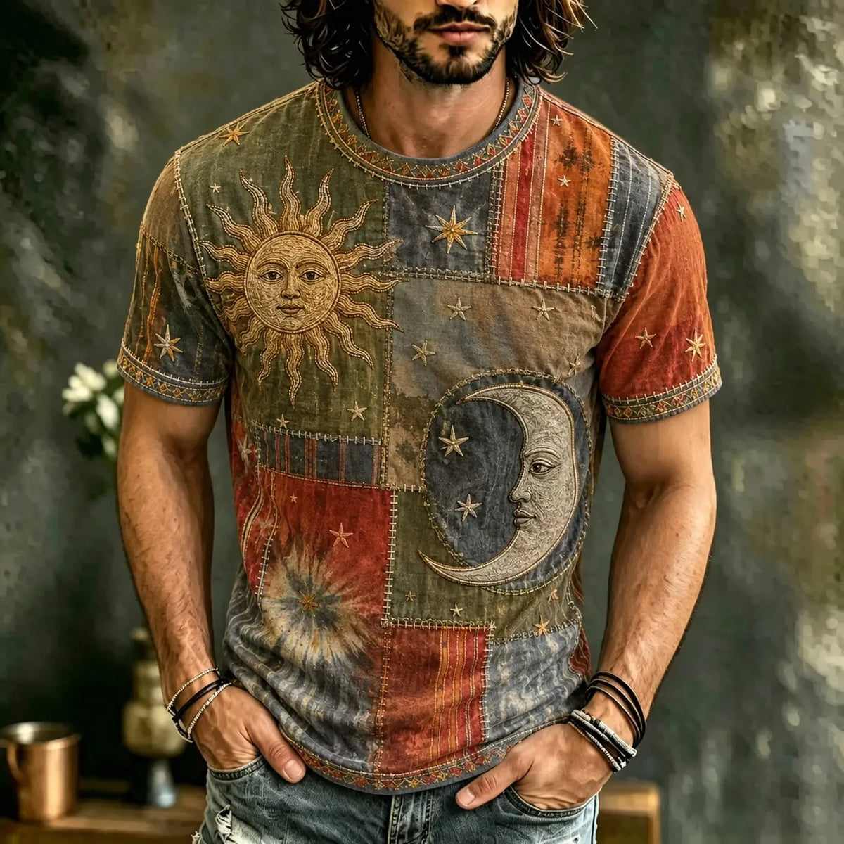 Men's Golden Face Sun Moon Retro Print Crew Neck Short Sleeve T-Shirt