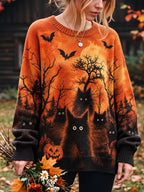 Women's Halloween Black Cat Print Knitted Comfort Round Neck Sweater