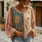 Women's Bohemian Colorblock Sun, Moon & Floral Print Long-sleeve Blouse