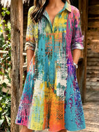 Women's Retro Abstract Art Print Midi Shirt Dress