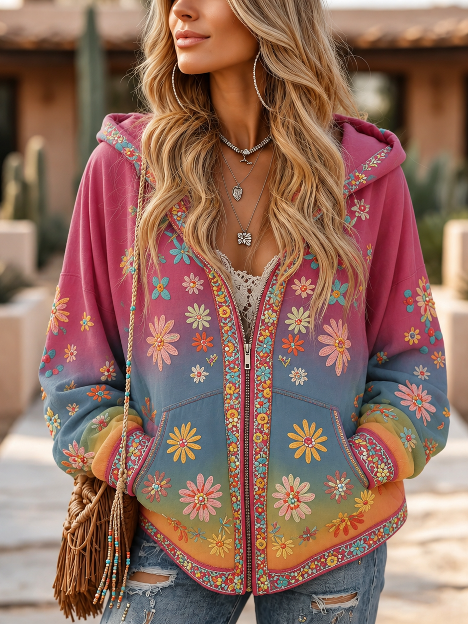 Women's Vintage Hippie Floral Art Cozy Warm Zipper Hoodie