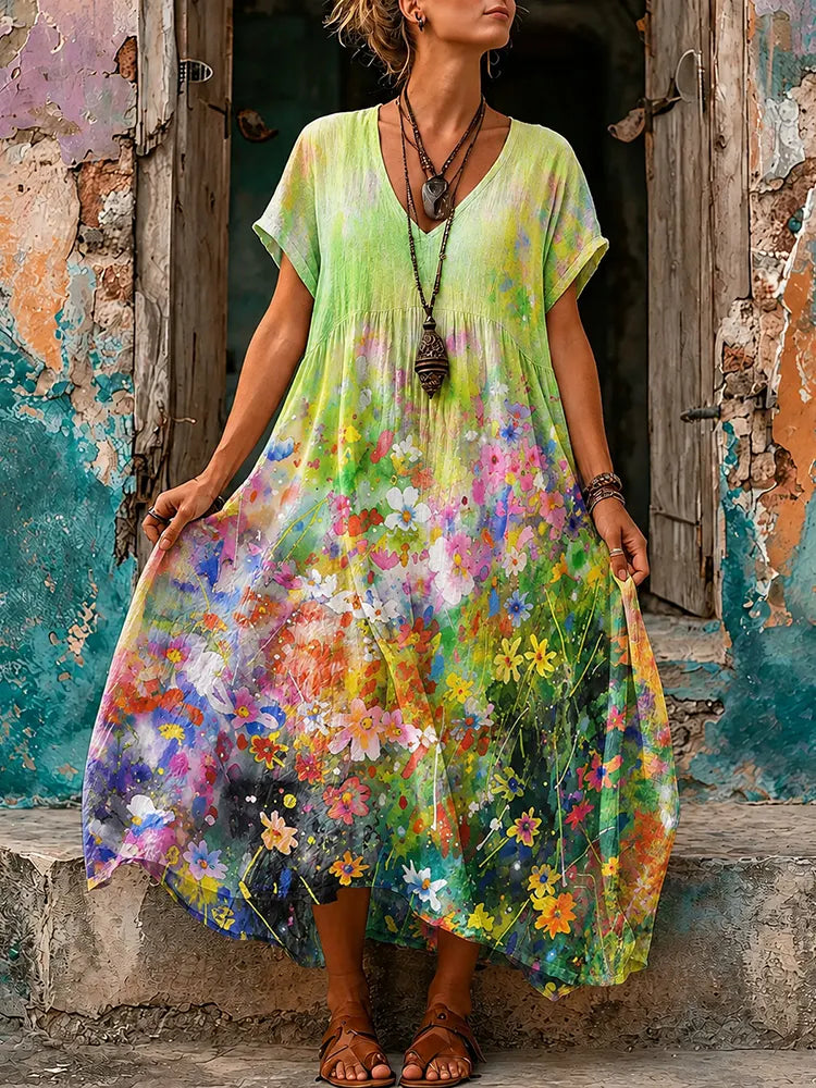 Women's Retro Floral Art Print Linen V-neck Short Sleeve Long Dress