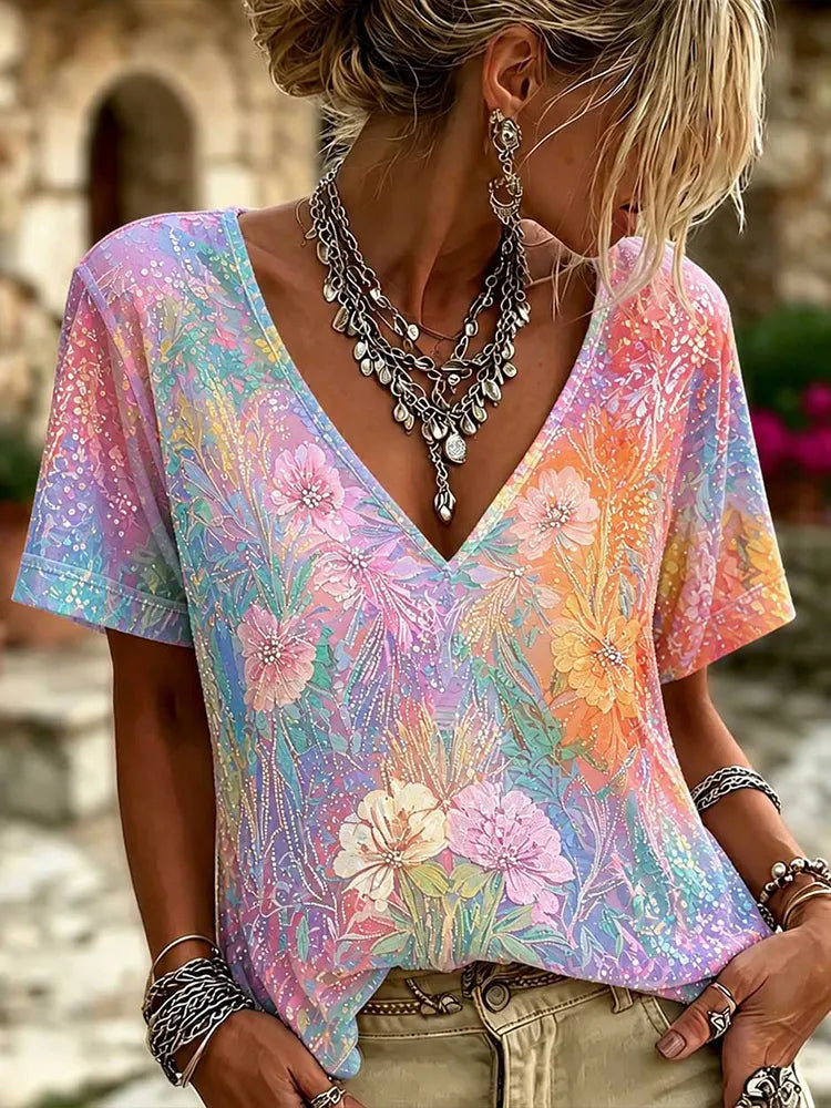 Iridescent Rainbow Sequin Floral Embroidery Mesh V-neck Blouse For Women, Sparkly Multicolor Rhinestone Short Sleeve Bohemian Party Vacation Top