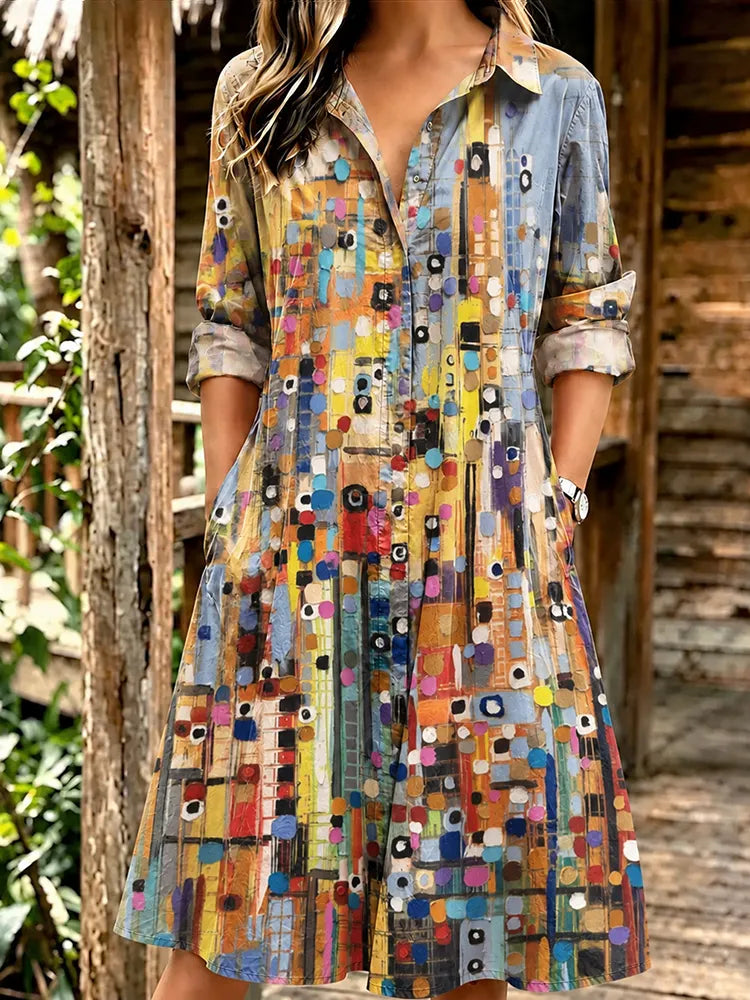Women's Retro Abstract Geometric Art Print Long Sleeve Midi Shirt Dress
