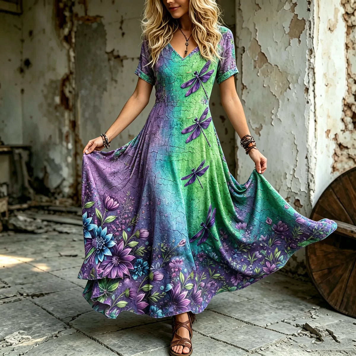 Women's Retro Resort Floral Dragonfly Gradient Print V-neck Short Sleeve Dress