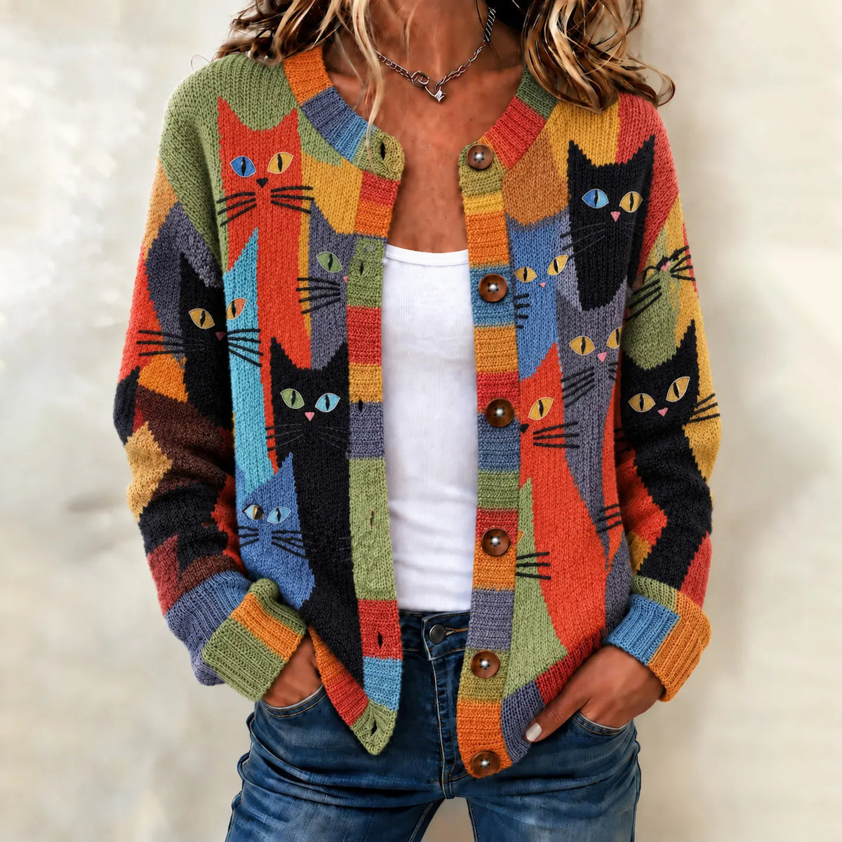 Women's Abstract Art Colorful Cat Pattern Art Casual Knit Cardigan
