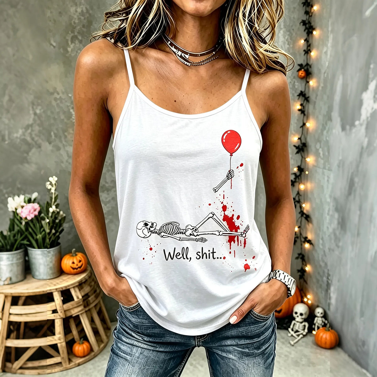 Women's Vintage Halloween Funny Skeleton Red Balloon Print Comfy Print Sleeveless Camisole Top
