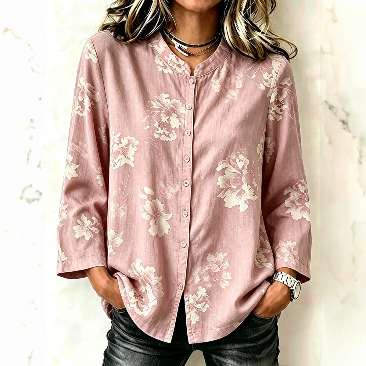 Women's Retro Floral Print Stand Collar Long Sleeve Shirt