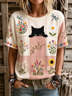 Women's Hippie Cute Cat In Patchwork Art Print Linen Blend Round Neck Tshirt