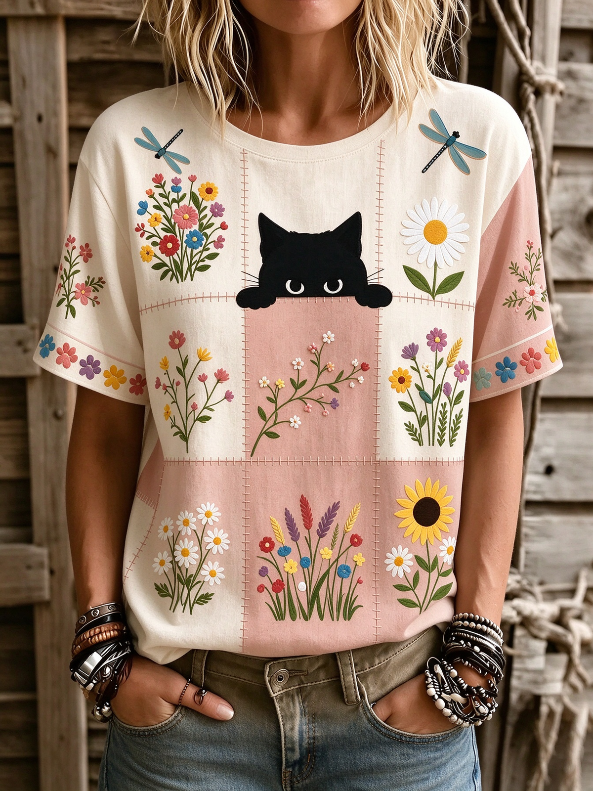 Women's Hippie Cute Cat In Patchwork Art Print Linen Blend Round Neck Tshirt