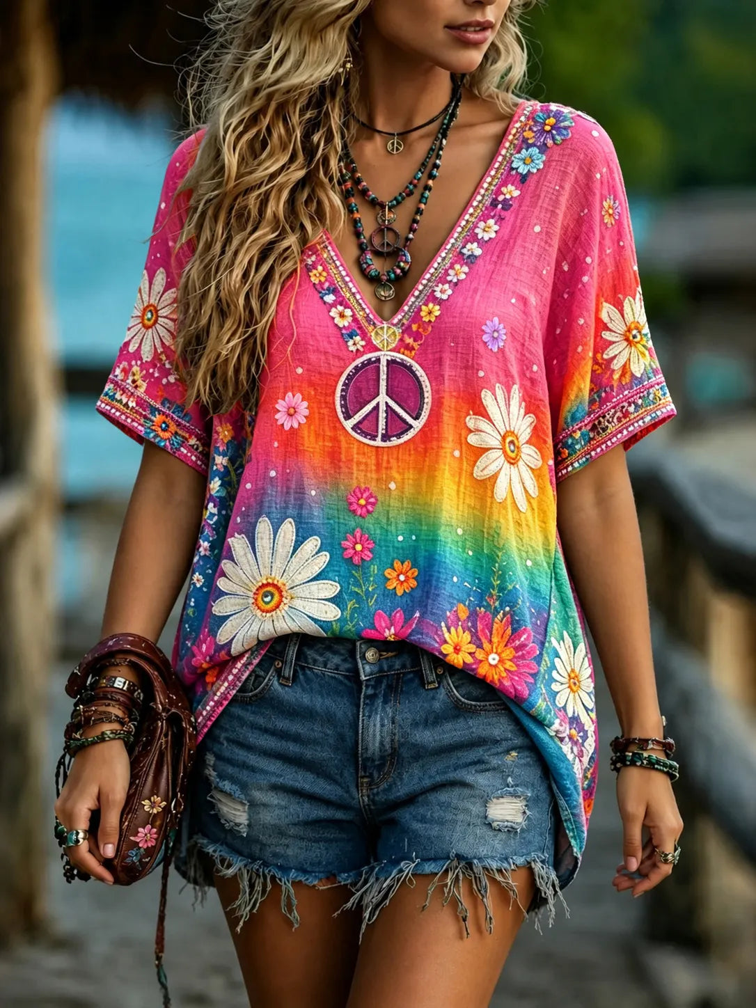Women's Vintage Hippie Floral Gradient Art Linen Blend Short Sleeve Tops