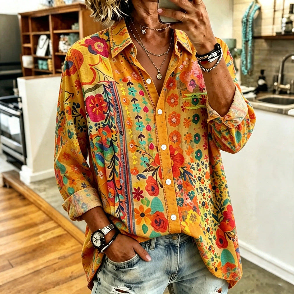 Women's Abstract Hippie Colorful Bohemian Floral Art Print Flowy Linen Blend Long Sleeve Shirts