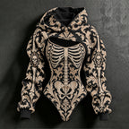 Women's Halloween Skeleton Floral Plant Print Hoodie Two-piece Set