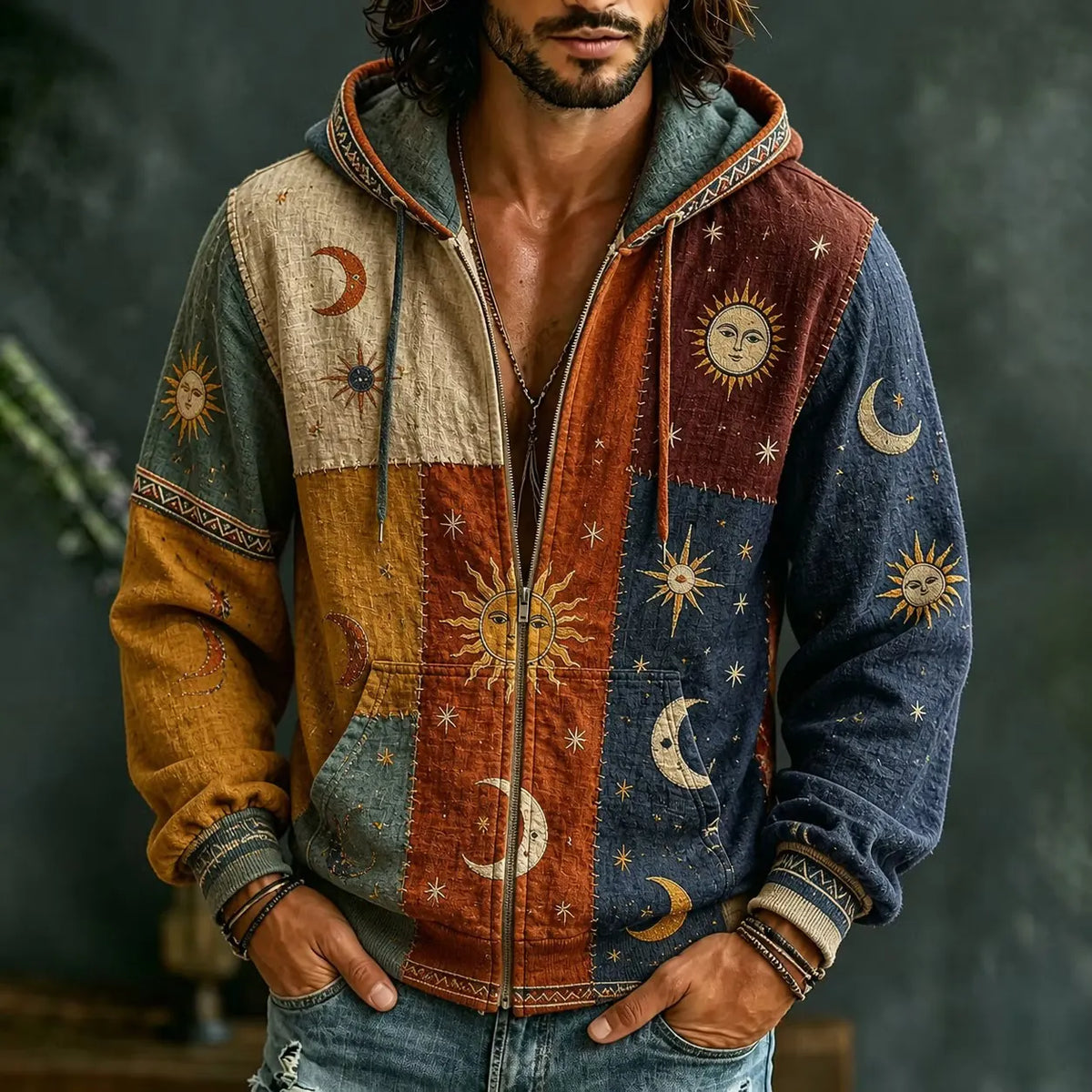 Men's Boho Celestial Print Zipper Hoodies
