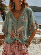 Women’s Boho V-neck Loose Top With Vintage Guitar And Floral Print