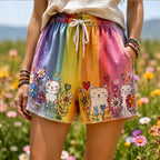 Women's Rainbow Striped Casual Shorts, Decorated With Cute Cat And Floral Patterns.