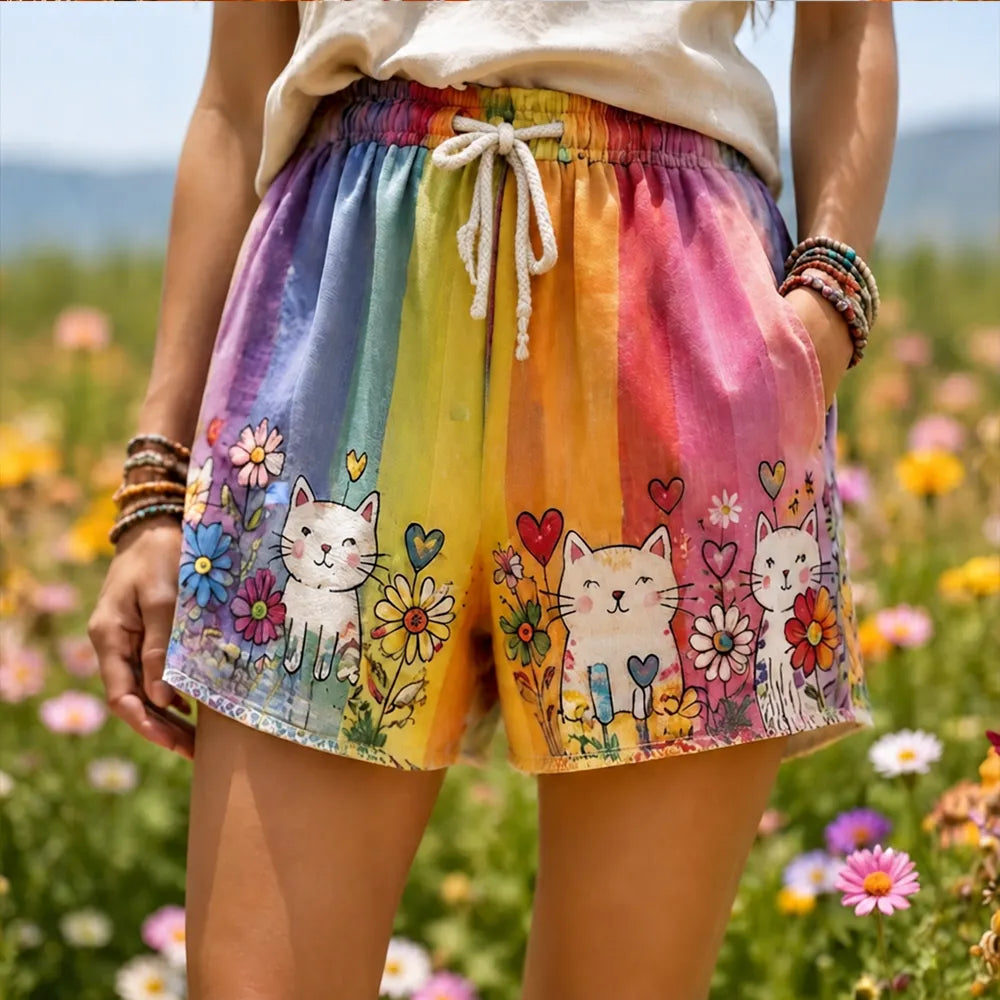 Women's Rainbow Striped Casual Shorts, Decorated With Cute Cat And Floral Patterns.