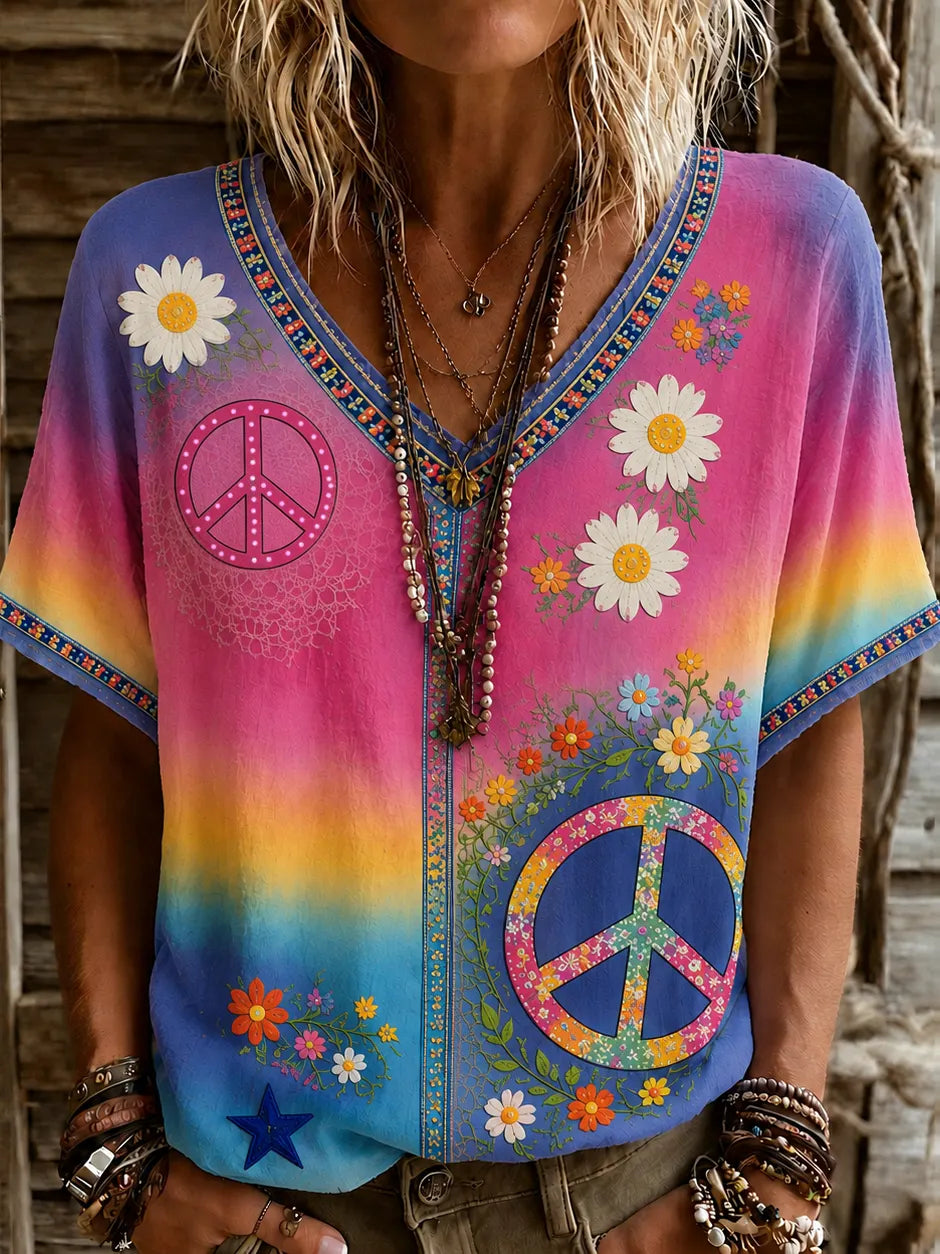 Women's Vintage Hippie Floral Patchwork Art Linen Blend Short Sleeve Tops