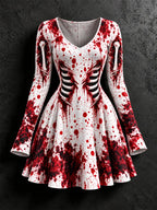 Women's Halloween Bloodstain Skull Print V-neck Midi Dress