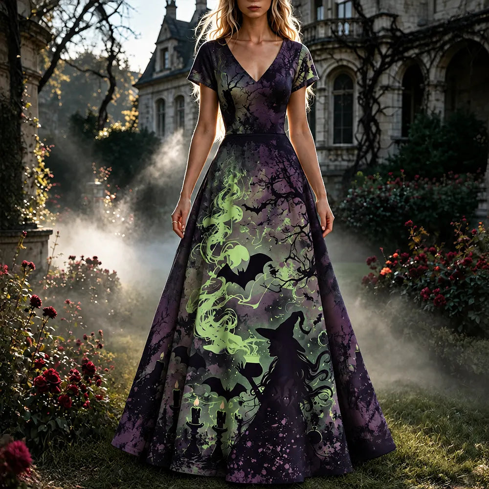 Women's Gothic Witch, Bats & Cauldron Short Sleeve Maxi Dress