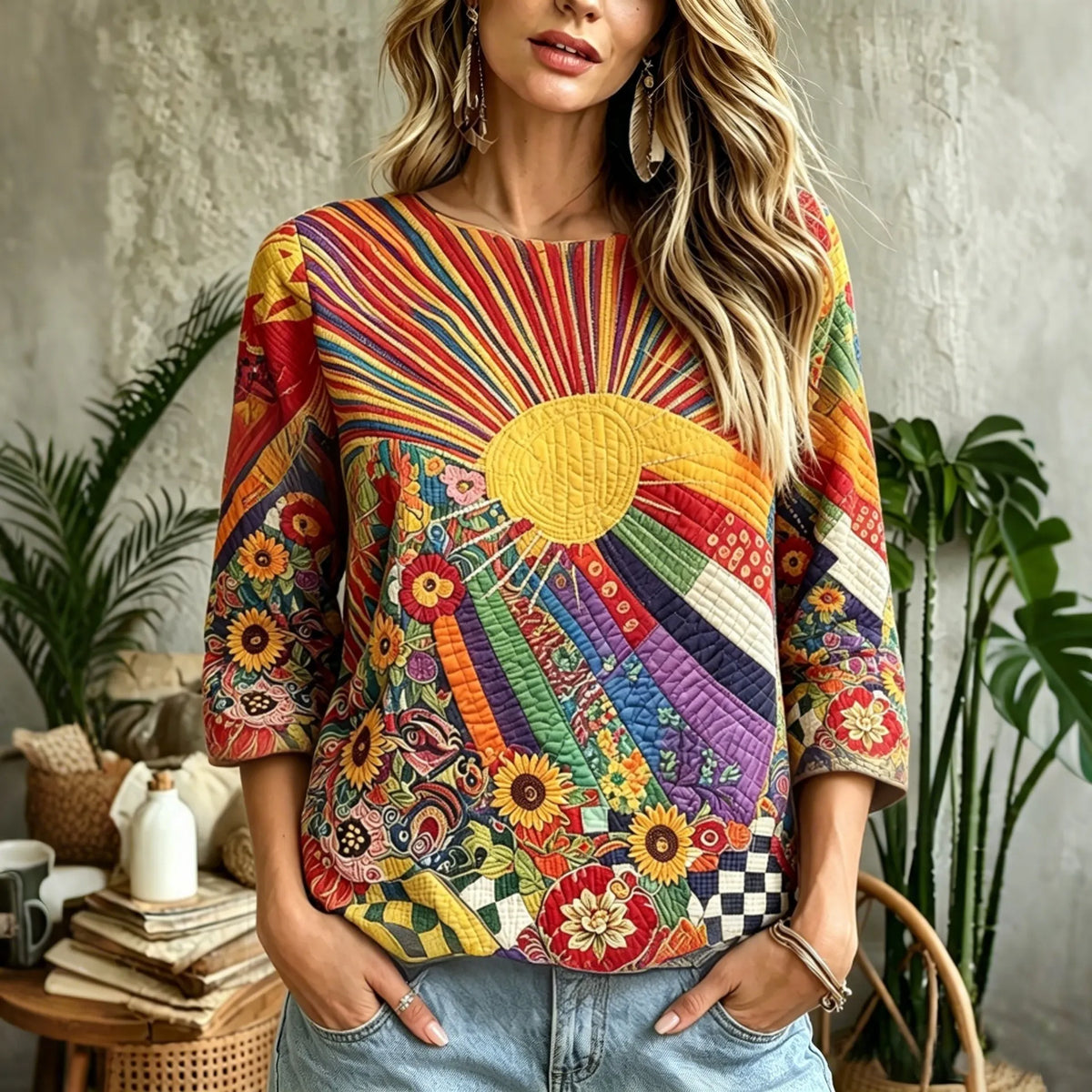 Women's Vintage Colorblock Hippie Sun Art Print Flowy Linen Blend Casual Mid-length Tops