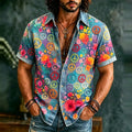 Men's Floral Peace Sign Hippie Print Short Sleeve Buttons Shirt
