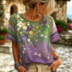 Women's Colorful Patchwork Big-eyed Black Cat And Floral Print Short Sleeve T-shirt