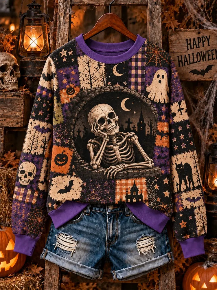 Women's Halloween 3d Skull Hoodie With Crew Neck, Lying By The Window