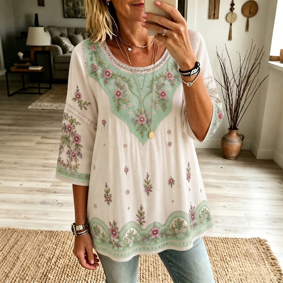 Women's Vintage Boho Floral Art Crew Neck Linen Blend T-shirt