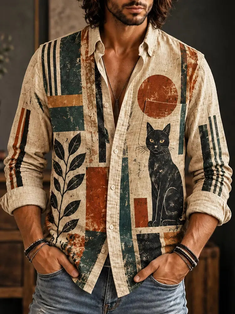 Men's Hippie Black Cat And Geometric Color Blocks Print Long Sleeve Pocket Shirt
