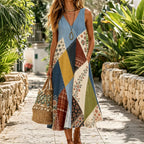 Women's Retro Hippie Floral Embroidered Patchwork Art V-neck Midi Tank Dress