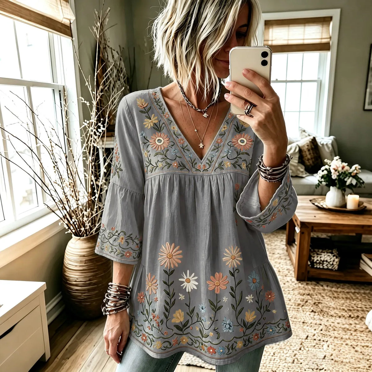 Women's Retro Hippie Floral And Dragonfly Art Flowy Linen Blend Three Quarter Sleeves T-shirt