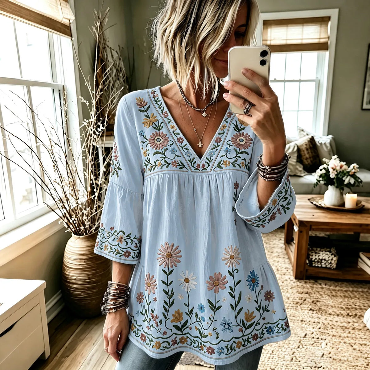 Women's Retro Hippie Floral And Dragonfly Art Flowy Linen Blend Three Quarter Sleeves T-shirt