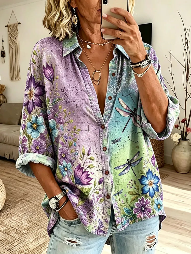 Women's Retro Vacation Floral Dragonfly Tie-dye Gradient Print Long-sleeved Linen Shirt