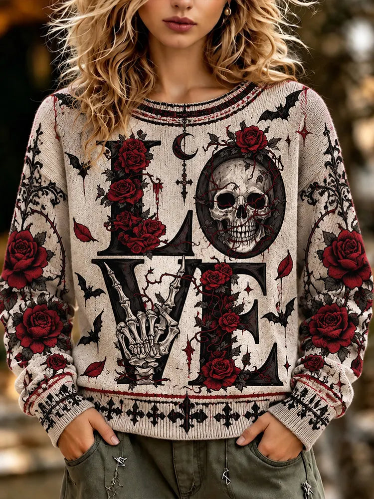 Gothic Love Letter Skeleton Hand Red Rose Bat Knit Sweater