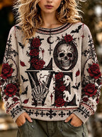 Gothic Love Letter Skeleton Hand Red Rose Bat Knit Sweater