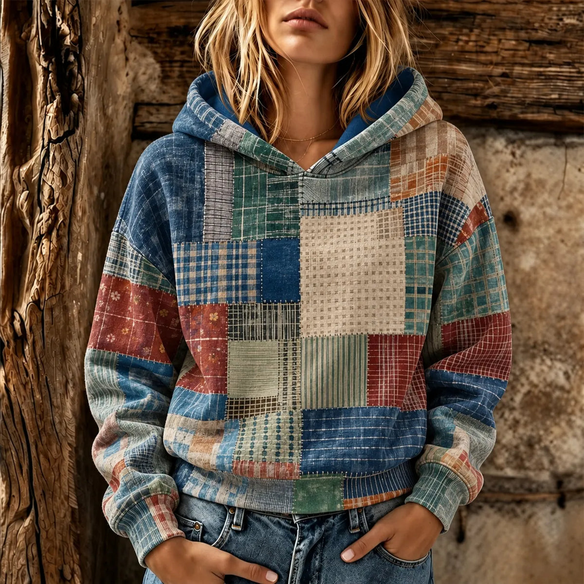 Women's Retro Plaid Patchwork Print Casual Hoodie