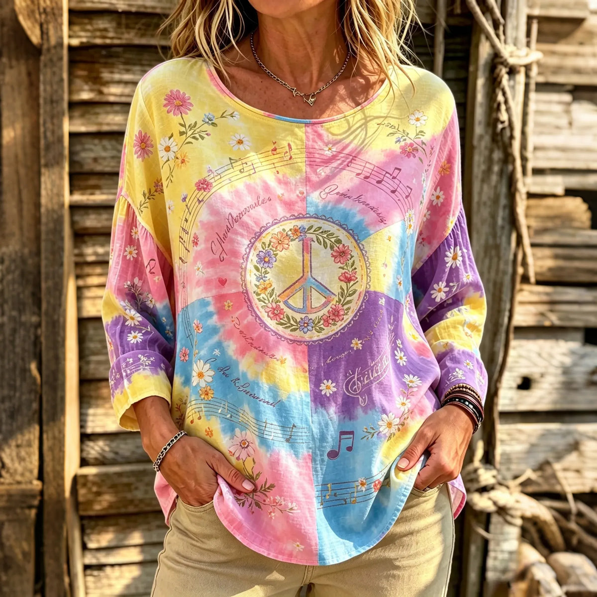 Women's Retro Hippie Tie Dye Peace Floral Print Long Sleeve T-shirt