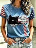 Women's USA Cat Printed Casual T-shirt