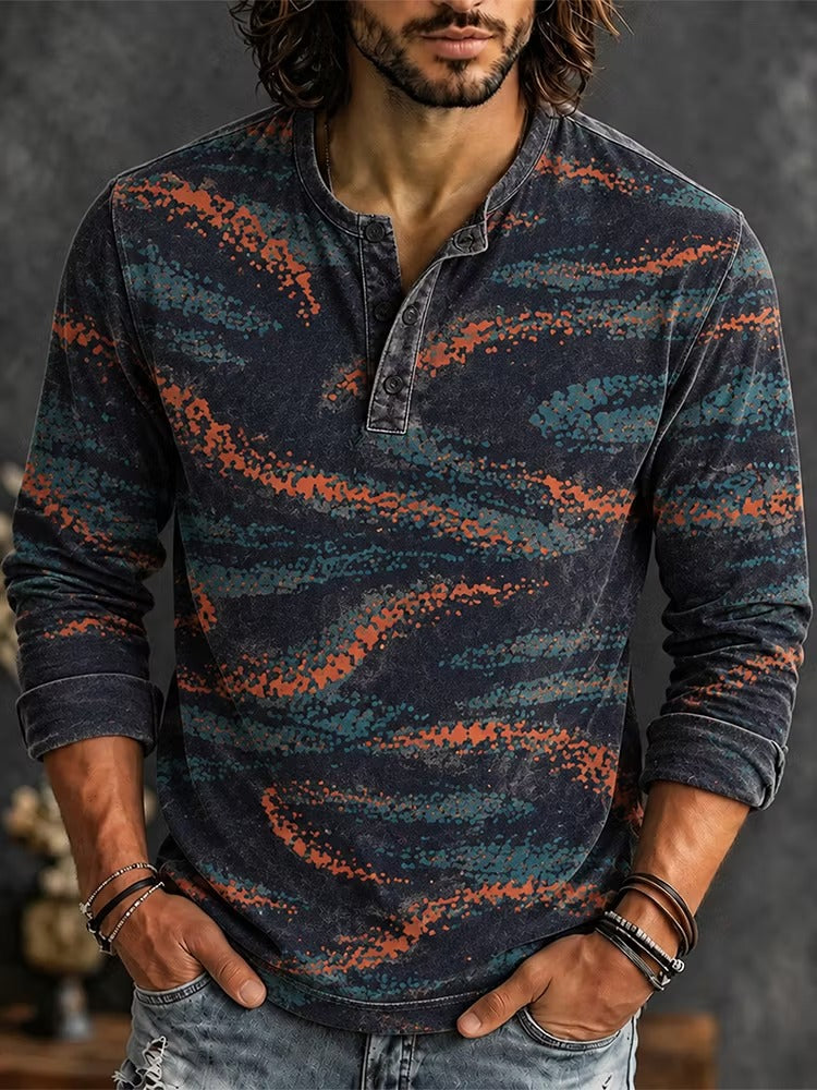 Men's Dark Base Speckled Color Waves Print Henry Collar Long Sleeve T-Shirt