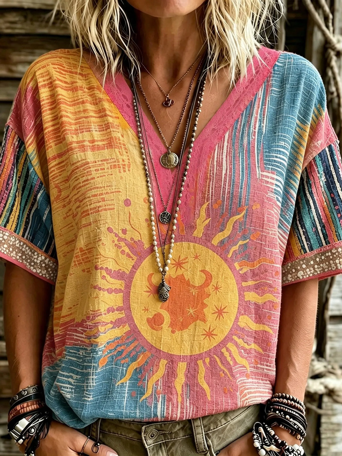 Women's Retro Star And Moon Embroidered Print V-neck Top