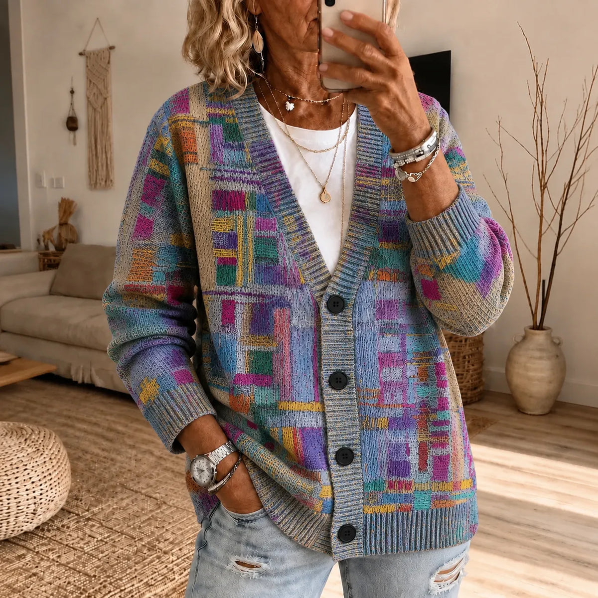 Women's Retro Geometric Print Cozy Knit Cardigan