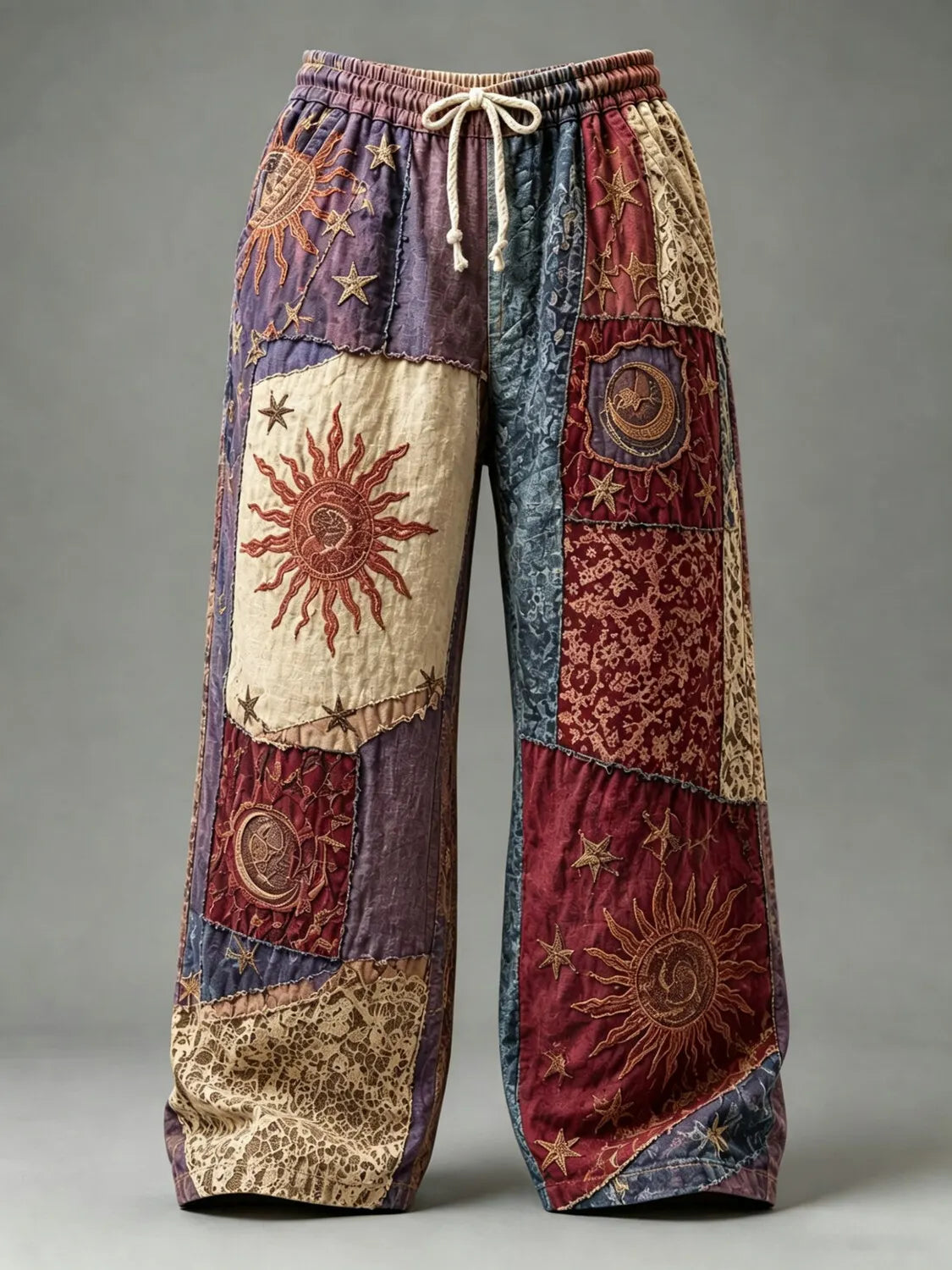 Men's Hippie Patchwork Sun Moon Star Delicate Floral Print Pants