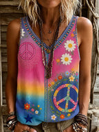 Women's Vintage Hippie Floral Patchwork Art V-neck Casual Tank Top