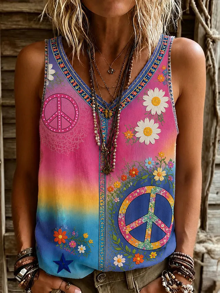 Women's Vintage Hippie Floral Patchwork Art V-neck Casual Tank Top
