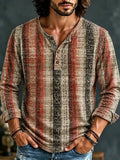 Men's Retro Colorful Striped Print Henry Collar Long Sleeve T-Shirt