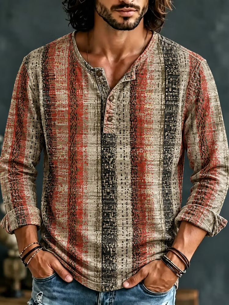 Men's Retro Colorful Striped Print Henry Collar Long Sleeve T-Shirt