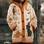 Women's Halloween Black Cat And Pumpkin Art  Knit Hooded Cardigan