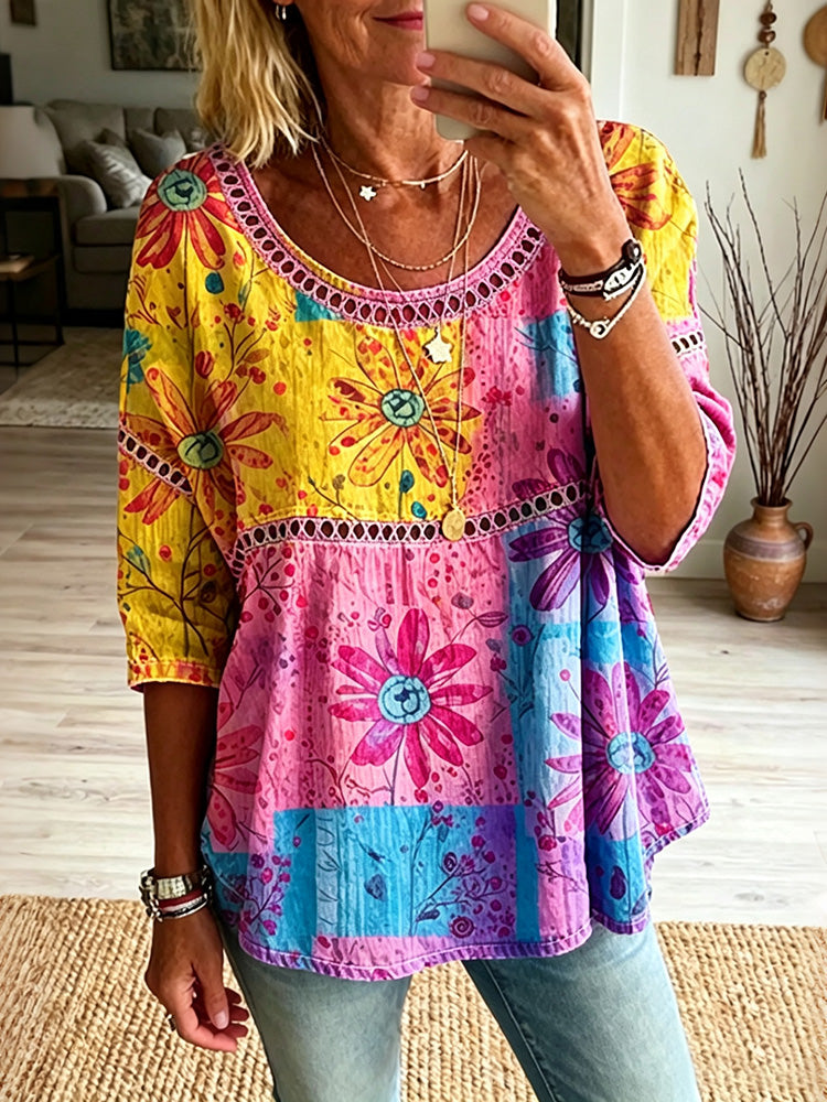 Women's Vintage Floral Hippie Vibes Art Print Flowy Linen Blend  Linen Tops