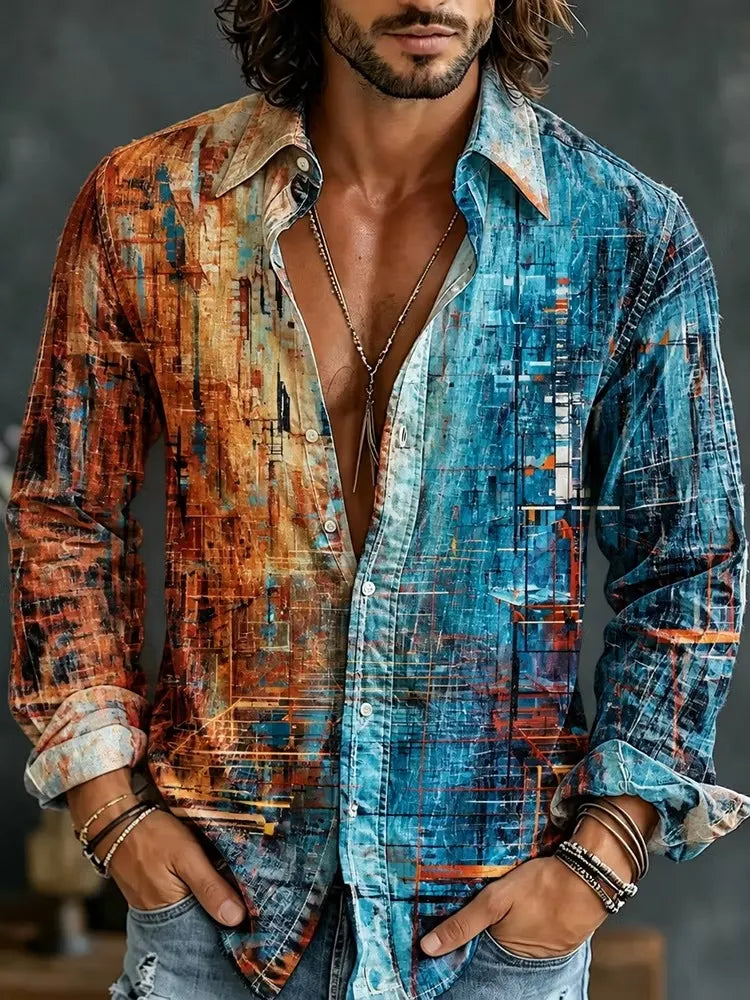 Men's Hippie Art Colorblock Print Long Sleeve Shirt